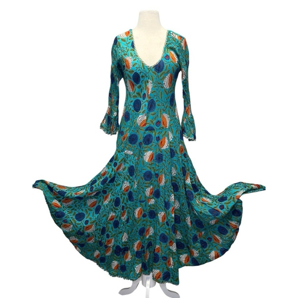 Passementrie‎ Santa Fe Boho Maxi Dress Block Print Cotton Flare Sleeve Turquoise